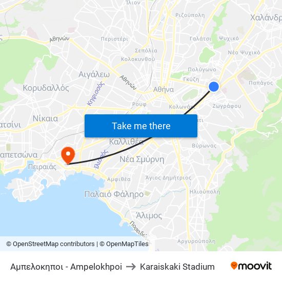 Αμπελοκηποι - Ampelokhpoi to Karaiskaki Stadium map