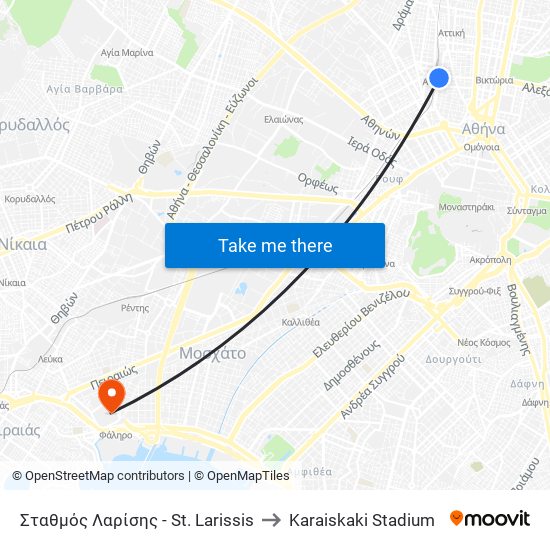 Σταθμός Λαρίσης - St. Larissis to Karaiskaki Stadium map