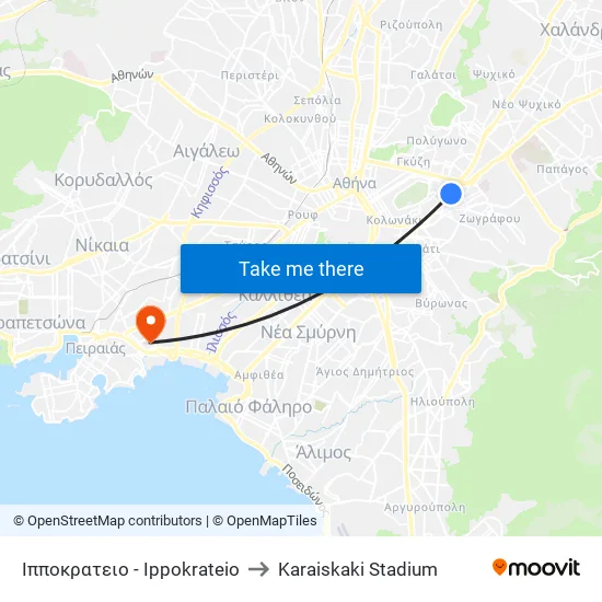 Ιπποκρατειο - Ippokrateio to Karaiskaki Stadium map