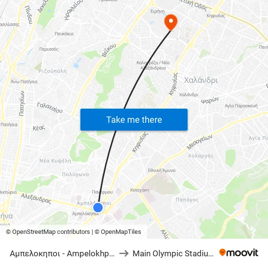 Αμπελοκηποι - Ampelokhpoi to Main Olympic Stadium map