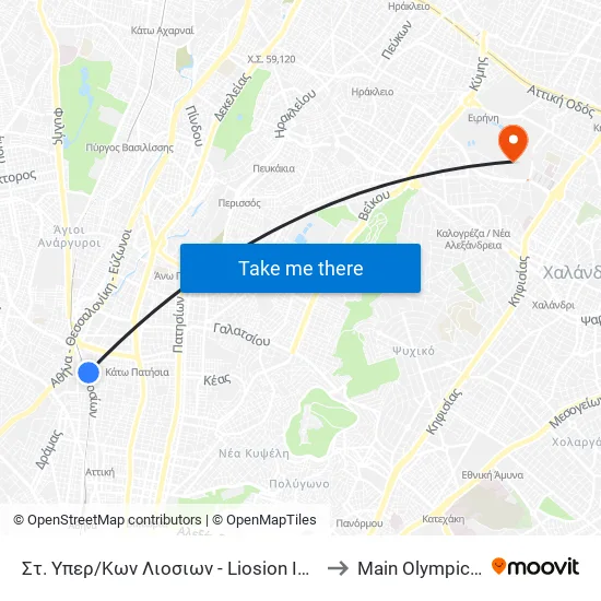 Στ. Υπερ/Κων Λιοσιων - Liosion Intercity Bus Station to Main Olympic Stadium map