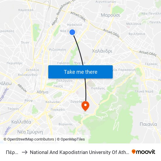 Πέραν to National And Kapodistrian University Of Athens map
