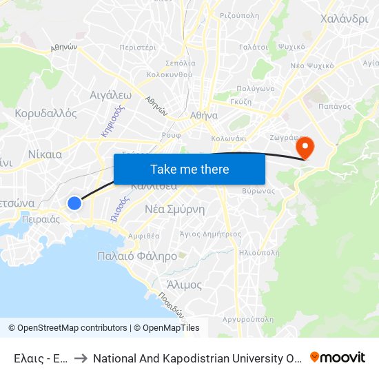 Ελαις - Elais to National And Kapodistrian University Of Athens map