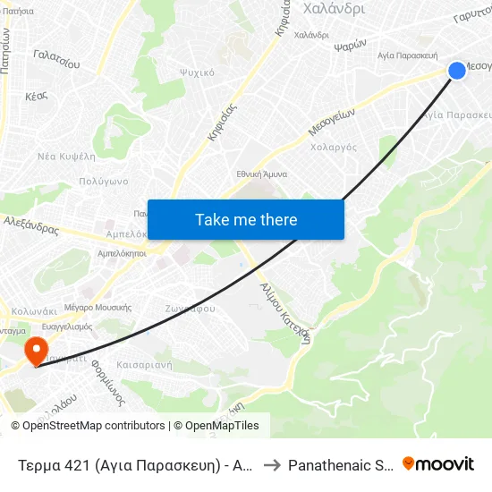 Τερμα 421 (Αγια Παρασκευη) - Agia Paraskeyh to Panathenaic Stadium map