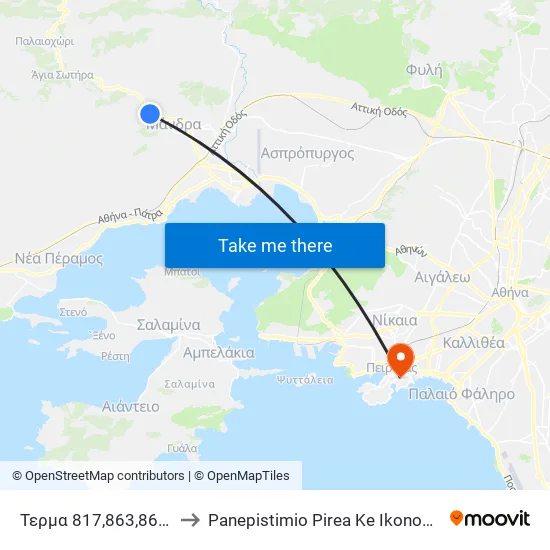 Τερμα 817,863,865,876 (Μανδρα) to Panepistimio Pirea Ke Ikonomiko Panepistimio Pirea map