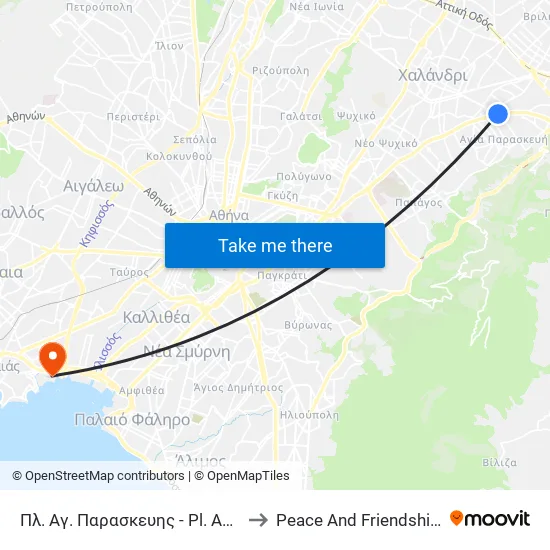 Πλ. Αγ. Παρασκευης - Pl. Ag. Paraskeyhs to Peace And Friendship Stadium map