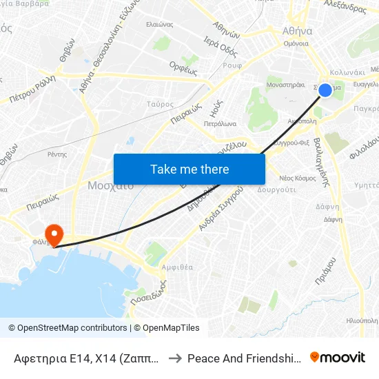 Αφετηρια Ε14, Χ14 (Ζαππειο) - Zappio to Peace And Friendship Stadium map
