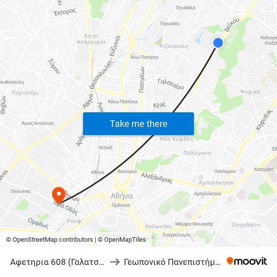 Αφετηρια 608 (Γαλατσι) - Galatsi to Γεωπονικό Πανεπιστήμιο Αθηνών map