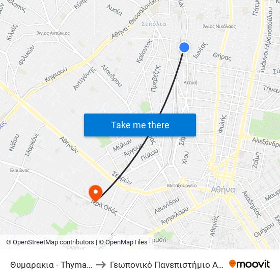 Θυμαρακια - Thymarakia to Γεωπονικό Πανεπιστήμιο Αθηνών map