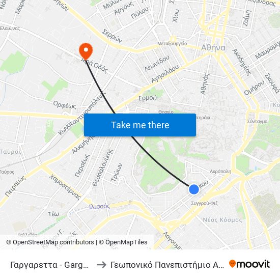 Γαργαρεττα - Gargaretta to Γεωπονικό Πανεπιστήμιο Αθηνών map