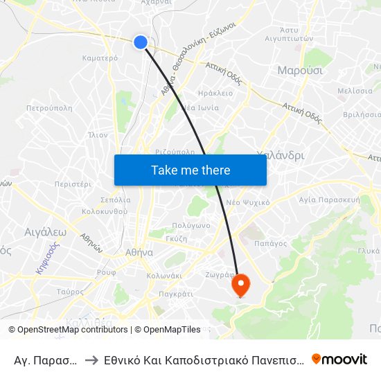 Αγ. Παρασκευης to Εθνικό Και Καποδιστριακό Πανεπιστήμιο Αθηνών map