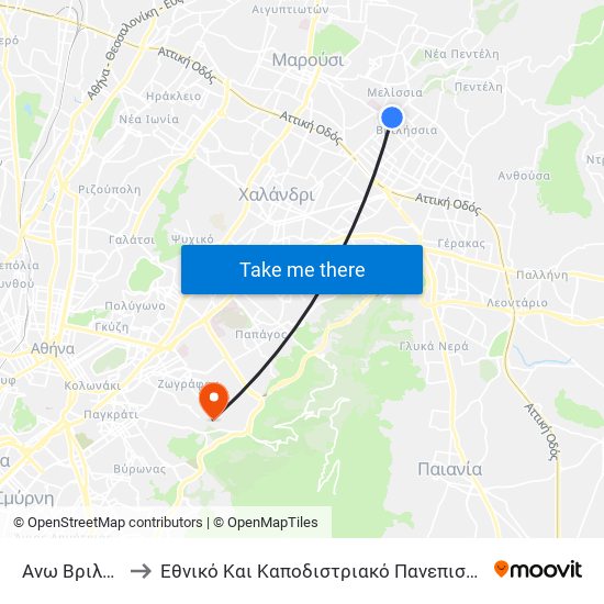 Ανω Βριλησσια to Εθνικό Και Καποδιστριακό Πανεπιστήμιο Αθηνών map
