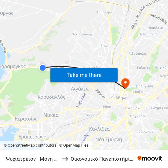 Ψυχιατρειον - Μονη Δαφνιου to Οικονομικό Πανεπιστήμιο Αθηνών map