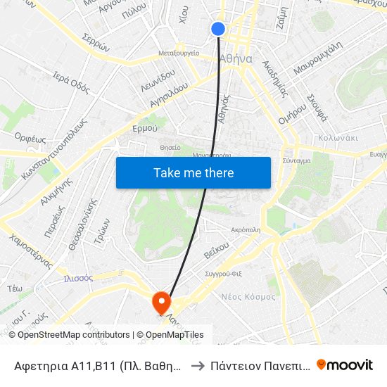 Αφετηρια Α11,Β11 (Πλ. Βαθησ) - Pl. Vathi to Πάντειον Πανεπιστήμιο map