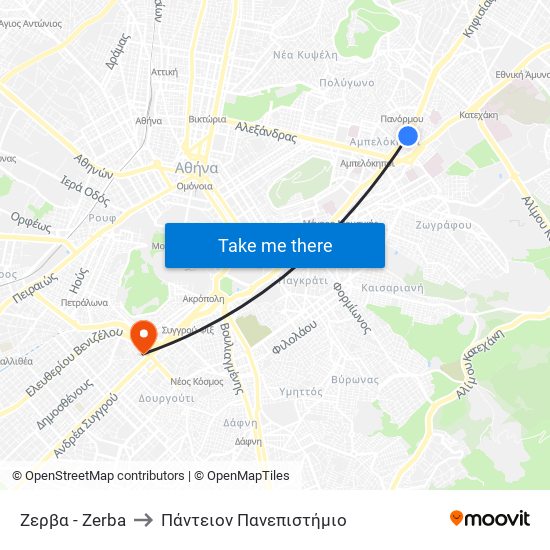 Ζερβα - Zerba to Πάντειον Πανεπιστήμιο map