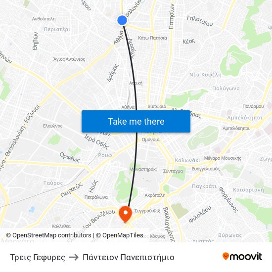 Τρεις Γεφυρες to Πάντειον Πανεπιστήμιο map
