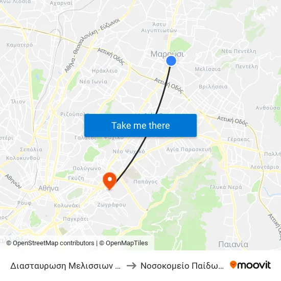 Διασταυρωση Μελισσιων - Diastayrosi Melission to Children's Hospital "Agia Sophia" map