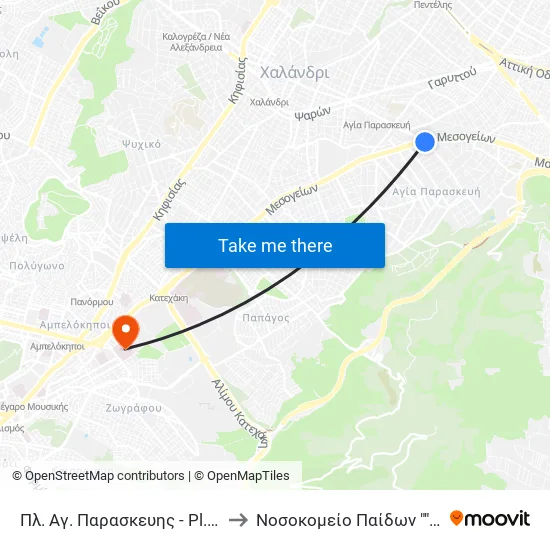 Πλ. Αγ. Παρασκευης - Pl. Ag. Paraskeyhs to Children's Hospital "Agia Sophia" map