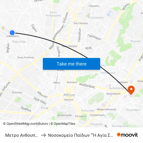 Metro Anthoupoli to Children's Hospital "Agia Sophia" map