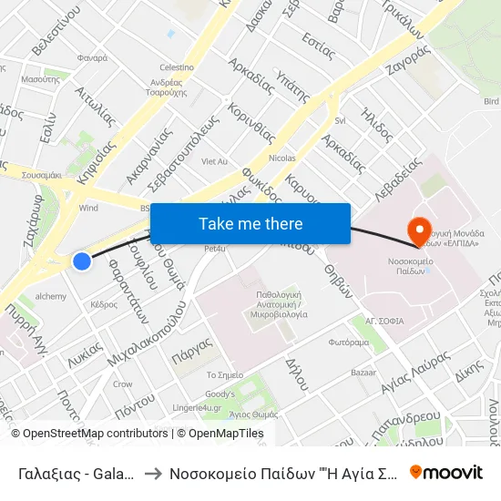 Γαλαξιας - Galaxias to Children's Hospital "Agia Sophia" map
