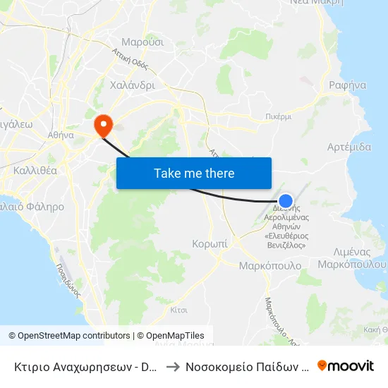Κτιριο Αναχωρησεων - Departures Terminal to Children's Hospital "Agia Sophia" map