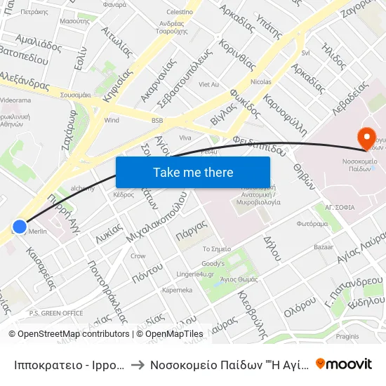 Ιπποκρατειο - Ippokrateio to Children's Hospital "Agia Sophia" map