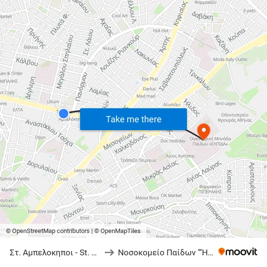 Στ. Αμπελοκηποι - St. Ampelokhpoi to Children's Hospital "Agia Sophia" map