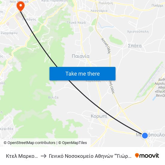 Κτελ Μαρκοπούλου to Γενικό Νοσοκομείο Αθηνών ""Γιώργος Γεννηματάς"" map