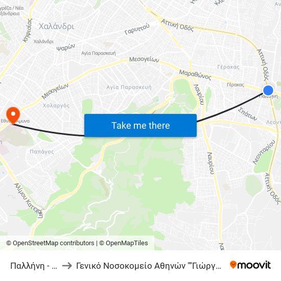 Παλλήνη - Pallini to Γενικό Νοσοκομείο Αθηνών ""Γιώργος Γεννηματάς"" map