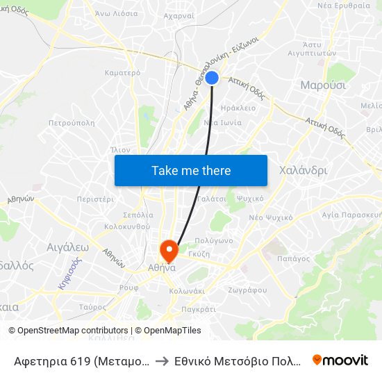 Αφετηρια 619 (Μεταμορφωση) to Εθνικό Μετσόβιο Πολυτεχνείο map