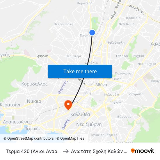 Τερμα 420 (Αγιοι Αναργυροι) to Ανωτάτη Σχολή Καλών Τεχνών map