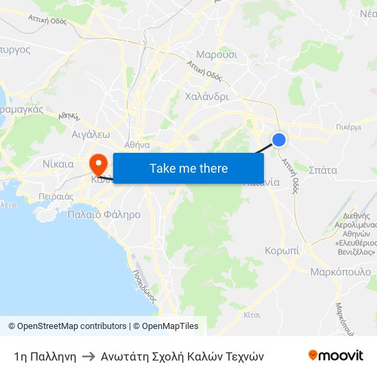 1η Παλληνη to Ανωτάτη Σχολή Καλών Τεχνών map