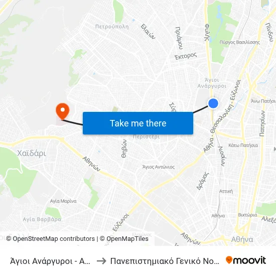 Agioi Anargyroi to University General Hospital "Attikon" map