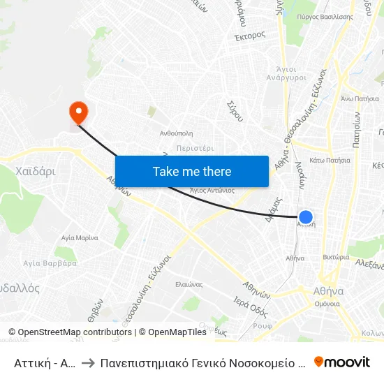 Attiki to University General Hospital "Attikon" map