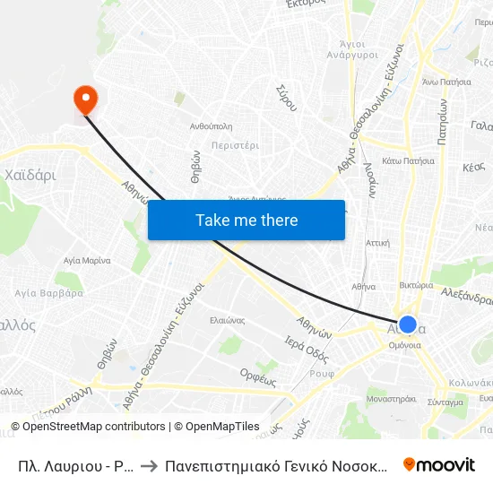 Πλ. Λαυριου - Pl. Layrioy to Attikon University General Hospital map