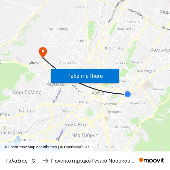 Γαλαξιας - Galaxias to Attikon University General Hospital map