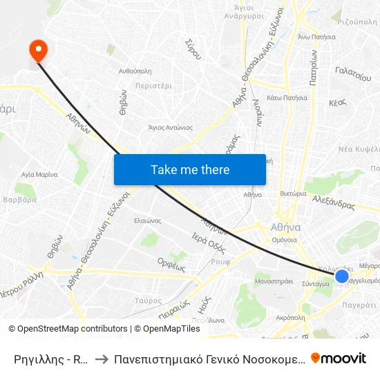 Ρηγιλλης - Rhgillhs to Attikon University General Hospital map
