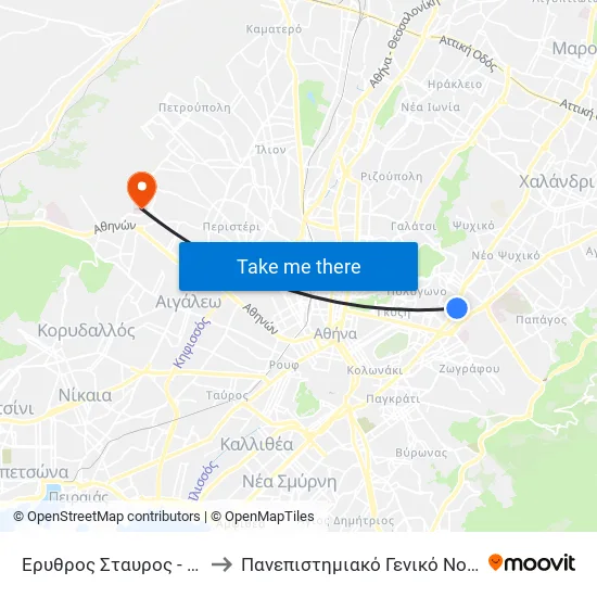 Ερυθρος Σταυρος - Erythros Stayros to Attikon University General Hospital map