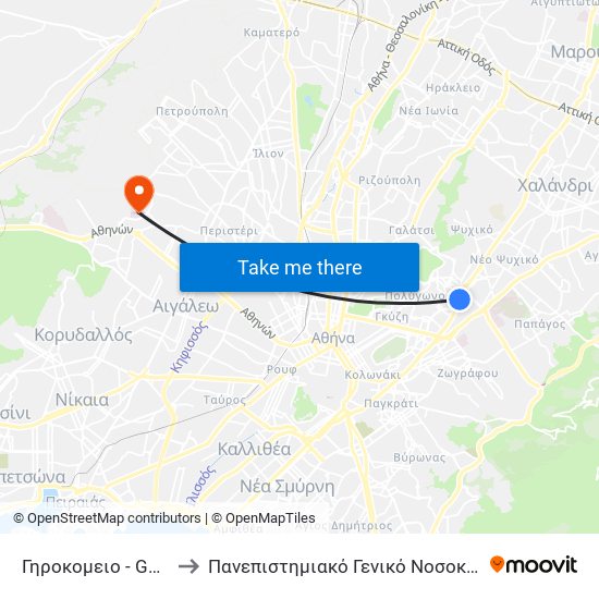 Γηροκομειο - Ghrokomeio to Πανεπιστημιακό Γενικό Νοσοκομείο ""Αττικόν"" map