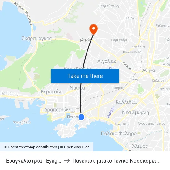 Ευαγγελιστρια - Eyaggelistria to Attikon University General Hospital map