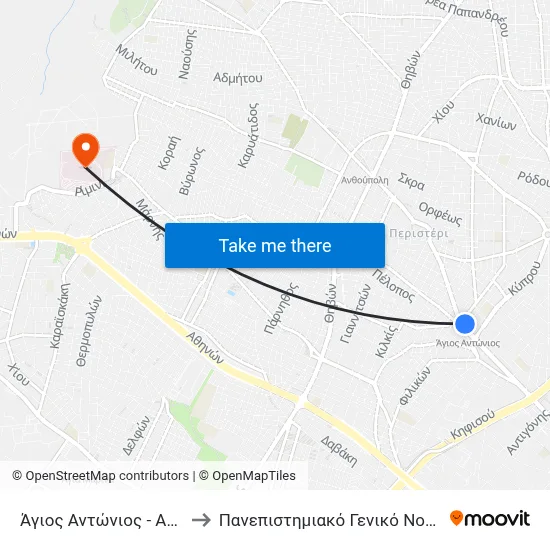 Agios Antonios to University General Hospital "Attikon" map