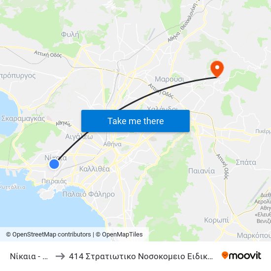 Νίκαια - Nikaia to 414 Στρατιωτικο Νοσοκομειο Ειδικων Νοσηματων map