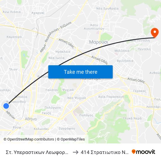 Στ. Υπεραστικων Λεωφορειων Κηφισου - Kifisos Intercity Bus Station to 414 Στρατιωτικο Νοσοκομειο Ειδικων Νοσηματων map