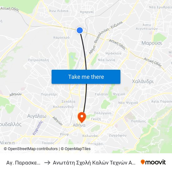 Αγ. Παρασκευης to Ανωτάτη Σχολή Καλών Τεχνών Αθήνας map