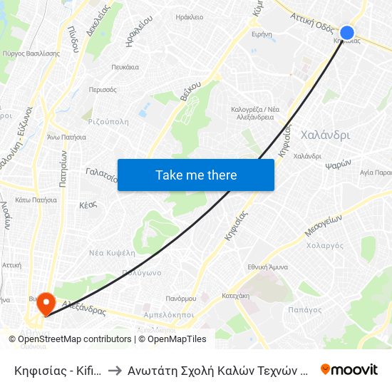 Κηφισίας - Kifisias to Ανωτάτη Σχολή Καλών Τεχνών Αθήνας map