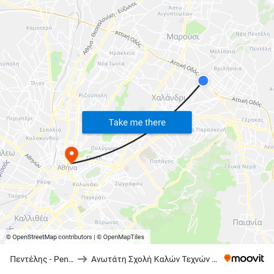 Πεντέλης - Pentelis to Ανωτάτη Σχολή Καλών Τεχνών Αθήνας map