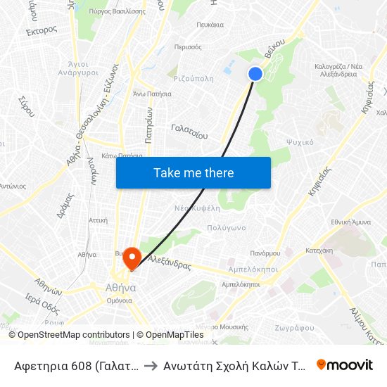 Αφετηρια 608 (Γαλατσι) - Galatsi to Ανωτάτη Σχολή Καλών Τεχνών Αθήνας map