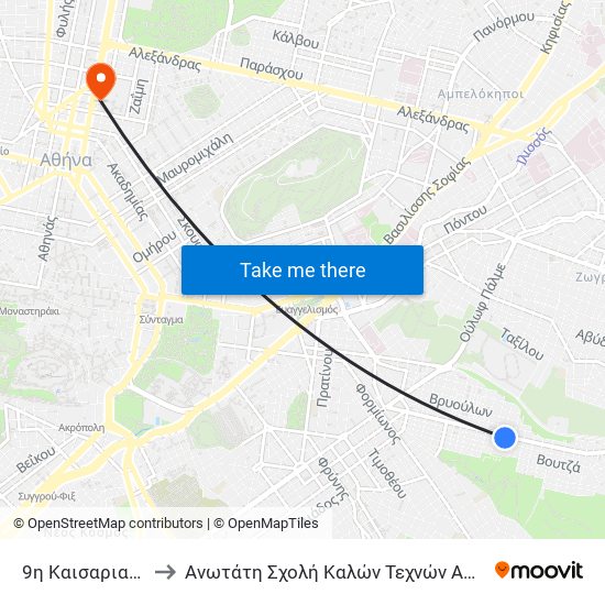 9η Καισαριανης to Ανωτάτη Σχολή Καλών Τεχνών Αθήνας map