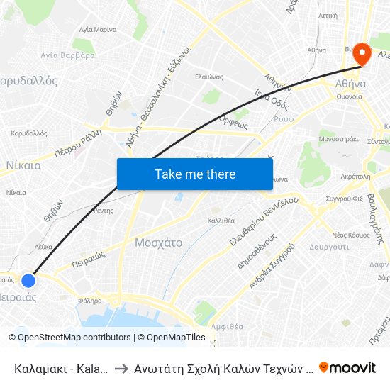 Καλαμακι - Kalamaki to Ανωτάτη Σχολή Καλών Τεχνών Αθήνας map