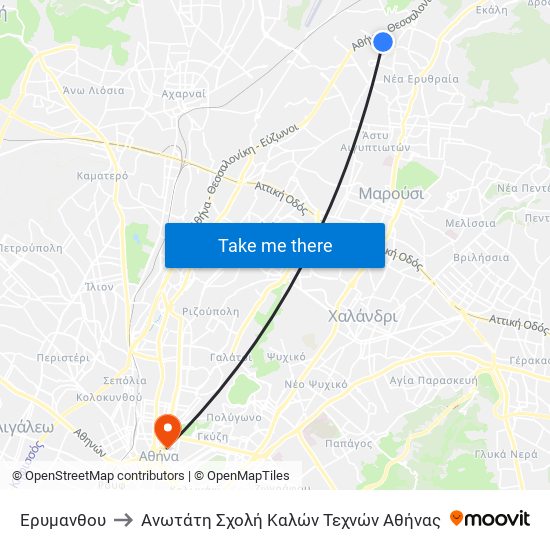Ερυμανθου to Ανωτάτη Σχολή Καλών Τεχνών Αθήνας map
